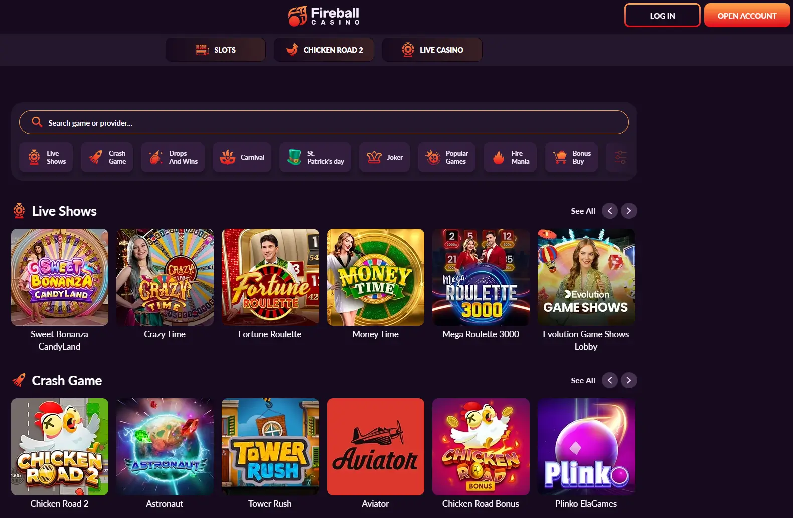 Lobby gier na żywo i gier crash w Fireball Casino